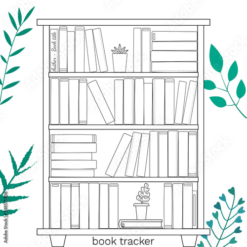 Vector illustration for printable with bookcase on white background. Minimalist planner of reading for journal page, habit tracker, daily planner template, blank for notebook. A4 paper sheet.