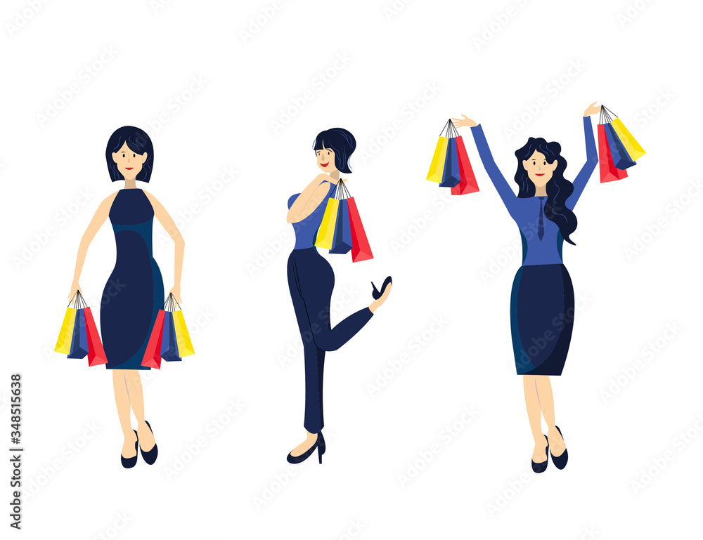 Set of smiling fashion women goes shopping with many packages on white background. Set of smiling fashion women goes shopping with many packages on white background.