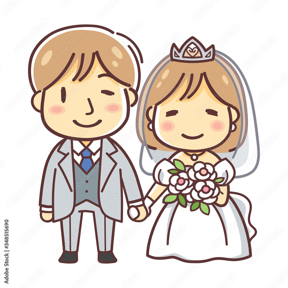 結婚式のカップルのイラスト（ウエディングドレス・洋装）