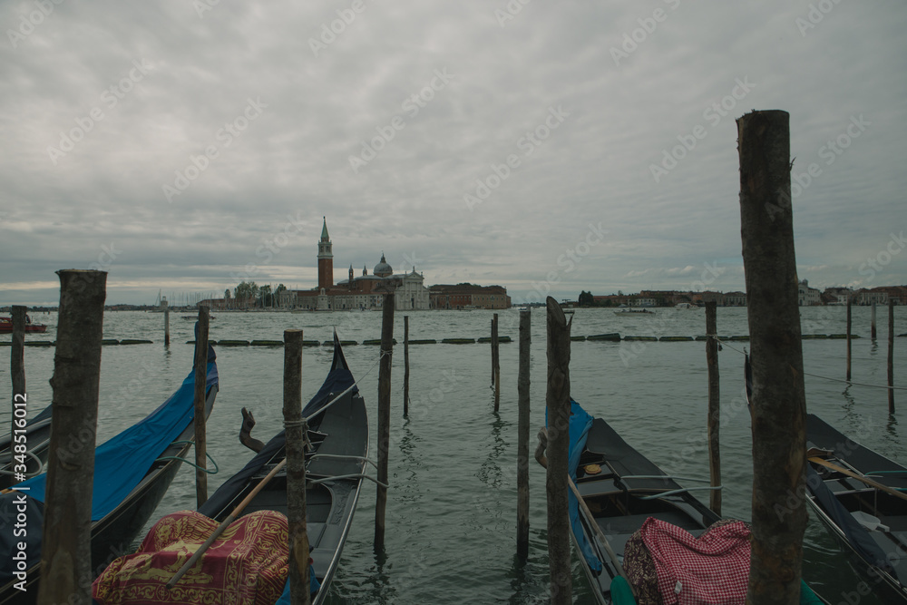 gondolas in Venice, Italy. gloomy, cloudy day. quarantine gondolas in Venice, Italy. gloomy, cloudy day. quarantine