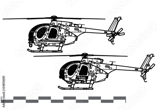 MD Helicopters MH-6, AH-6 Little Bird. Vector drawing of light attack helicopters for special operations. Side view. Image for illustration and  infographics.