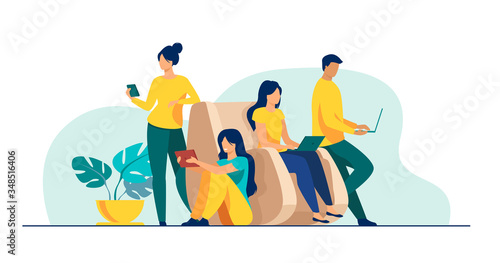 Digital device users spending time together. Group of men and women using laptop computers, tablet, smartphone. Vector illustration for web browsing, internet surfing, public access concept