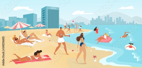 People on summer beach landscape, travel to tropical sea concept, sunbathing and swimming in ocean, resort flat vector illustration. People in swimming suits on sand, holiday in hotels on seaside.