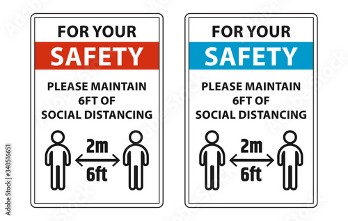 Please maintain 6ft of social distancing to help stop coronavirus (covid-19) outbreak. safety signs for social distancing labels vector