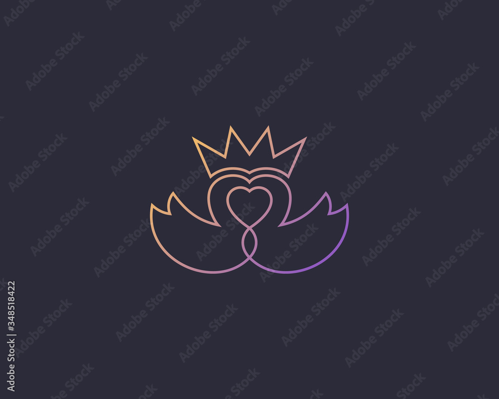 Obraz premium Abstract line swan couple logo design. Crown heard love vector logotype.