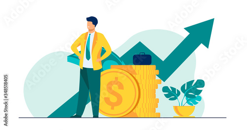 Successful entrepreneur or investor presenting stack of money and growth diagram. Businessman in suit standing at cash. Vector illustration for financial success, economy, trade concept