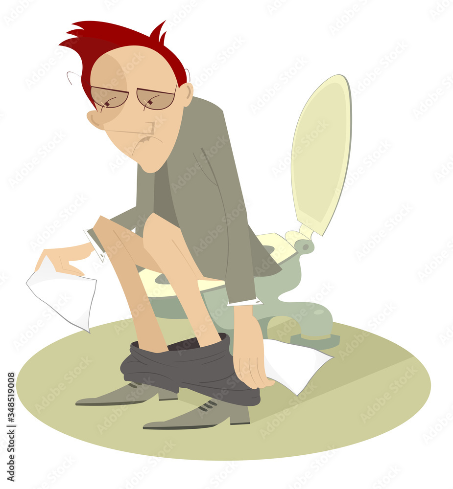 Upset man with diarrhea (food poisoning) sitting in the toilet illustration. Man getting off a