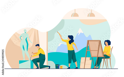 Artists creating artworks flat vector illustration. Creative characters painting, drawing and sculpting at workshop. Studio, graphic design and art concept.
