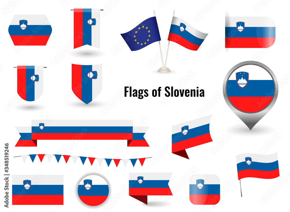 The Flag of Slovenia. Big set of icons and symbols. Square and round Slovenia flag. Collection of different flags of horizontal and vertical.