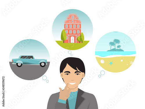 Person dream luxury car, big building house and travel around world isolated on white, flat vector illustration. Character wealthy male think successful life, reverie rich life people.
