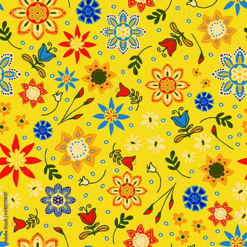 Seamless vector pattern with colourful summer flowers on yellow background. Bright floral wallpaper design. Hippy festival fashion textile.