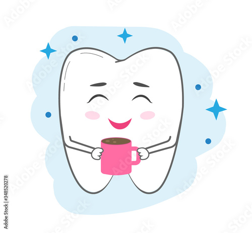 The tooth holds a mug of coffee. Concept of teeth whitening, yellowing of teeth. Vector.