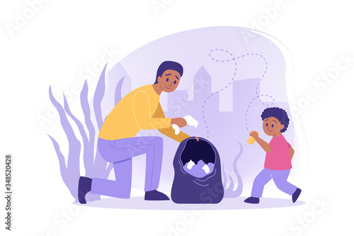 Ecology, volunteering, environment care concept. Team, man, boy, father, son, eco activists, volunteers in park together. Saving earth from pollution. Ecological care, environmental friendly. Vector