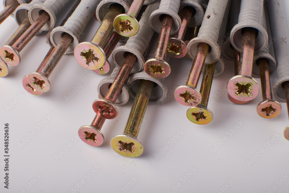 Fototapeta premium Screws with plastic dowels isolated on a white background