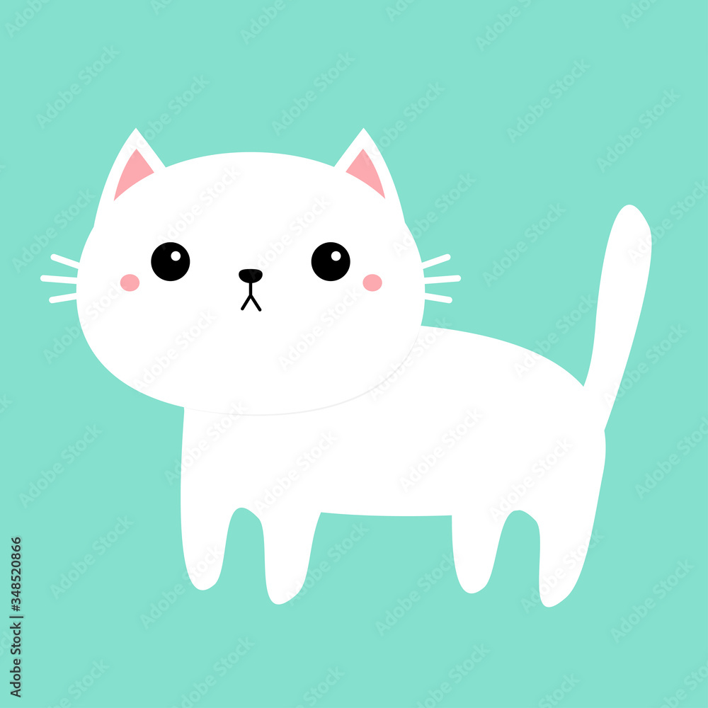 White cat kitten kitty icon. Funny face. Cute kawaii cartoon character. Scandinavian style. Baby greeting card tshirt sticker template. Happy Valentines Day. Isolated. Blue background. Flat design. White cat kitten kitty icon. Funny face. Cute kawaii cartoon character. Scandinavian style. Baby greeting card tshirt sticker template. Happy Valentines Day. Isolated. Blue background. Flat design.