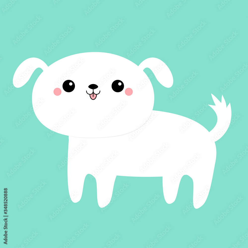 Naklejka premium White dog puppy icon. Funny face. Cute kawaii cartoon character. Scandinavian style. Baby greeting card tshirt sticker template. Happy Valentines Day. Isolated. Blue background. Flat design.