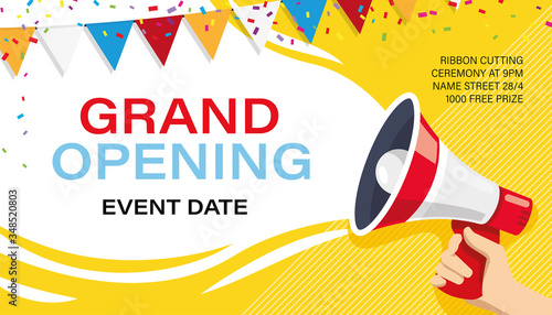 Grand opening banner template. Advertising design for social network vector illustration. Template for retail promotion and announcement. Online shopping and marketing flyer with megaphone in hand photo