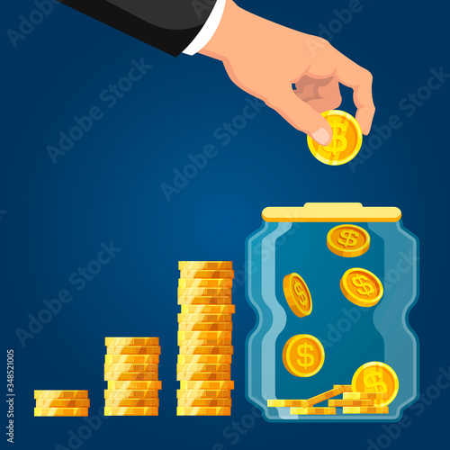 Deposit account. Businessman hand putting golden coin into glass bank. Banking services and open saving account in bank. Saving dollar coins in moneybox vector illustration isolated on blue background
