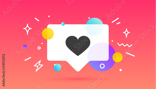 Notifications icon Like. Speech bubble. Like icon with heart for social network on red background. Speech bubble, poster concept for web. Explosion burst design, speech bubble. Vector Illustration