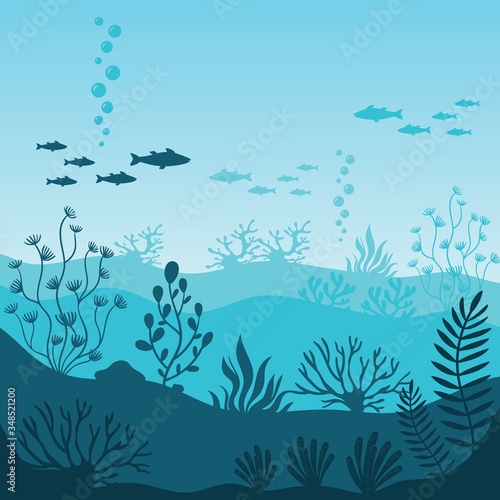 Marine underwater life. Silhouette of coral reef with fishes on bottom in blue sea. Tropical sea with seaweed and its inhabitants vector illustration. Beautiful marine underwater wildlife vector.