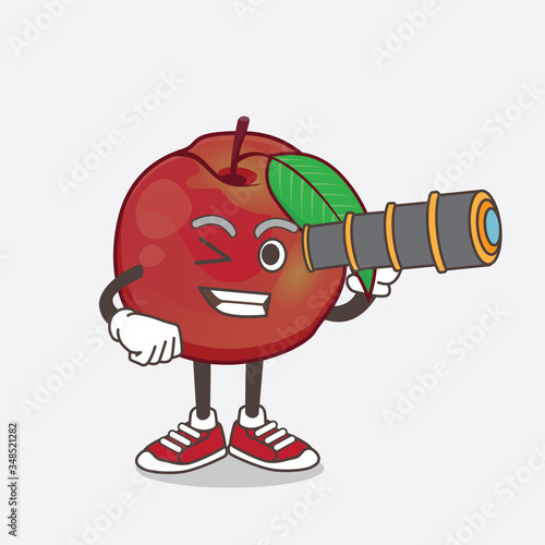Nectarine Fruit cartoon mascot character using a monocular