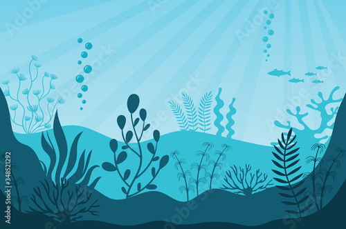 Marine life. Beautiful marine ecosystem and wildlife on bottom in blue ocean. Underwater sea fauna with coral reef, seaweed, plants and fishes silhouettes. Undersea world vector illustration.