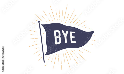 Bye. Flag grahpic. Old vintage trendy flag with text Bye, Goodbye. Vintage banner with ribbon flag, vintage style with linear drawing light rays, sunburst and rays of sun. Vector Illustration