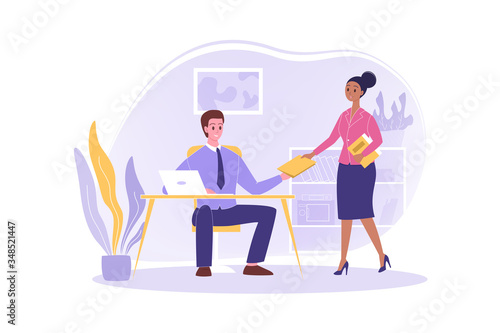 Secretary giving documents to boss, business concept. Young happy secretary woman office clerk manager giving documents contracts or reports to businessman leader boss chief at business meeting vector
