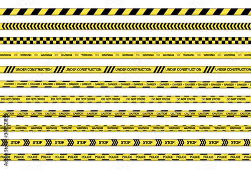 Caution tape set of yellow warning ribbons. Tapes for restriction and dangerous zones. Set of Warning, Under Construction, Stop, Danger  Do not cross, tapes © SMUX