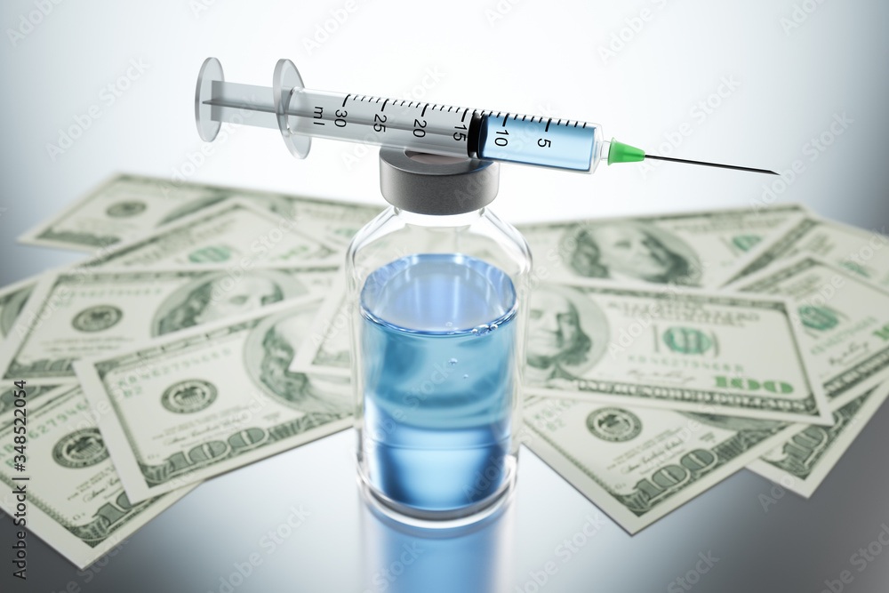 Syringe and vaccine with 100 Dollar notes Syringe and vaccine with 100 Dollar notes