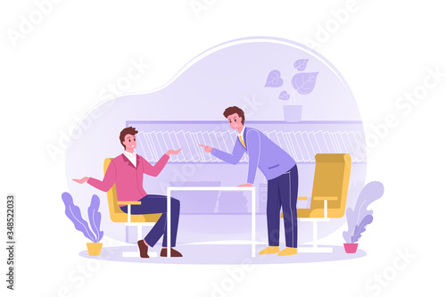 Discussion, arguing, quarrel, reprimand, business concept. Young businessmen clerks managers employer employee characters discuss or argue at office. Business team quarrel, boss reprimand or blaming.