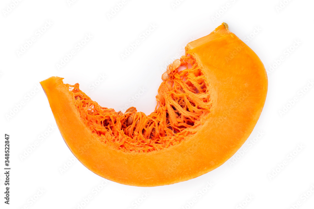 Slice of pumpkin isolated on white background without shadow, top view, flat lay Slice of pumpkin isolated on white background without shadow, top view, flat lay