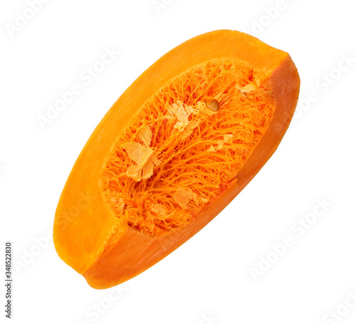 Slice of pumpkin isolated on white background without shadow, top view, flat lay
