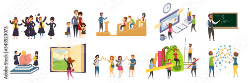 Education, teaching, graduation, study, learning set concept. Students, pupils, men and women, boys and girls teacher in university. College life, graduation, lecture education process, back to school