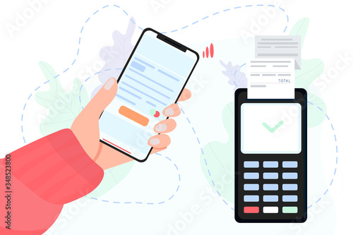 Vector stock illustration of mobile payment via smartphone. Hand holds mobile phone to do contactless payment and POS terminal. Concept illustration in flat style for smart wallet.