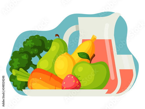 Healthy fruit vegetable juice isolated on white, flat vector illustration. Healthy eco food product wholesome foodstuff, proper nutrition improve health care vitamin meal additive nutrition.