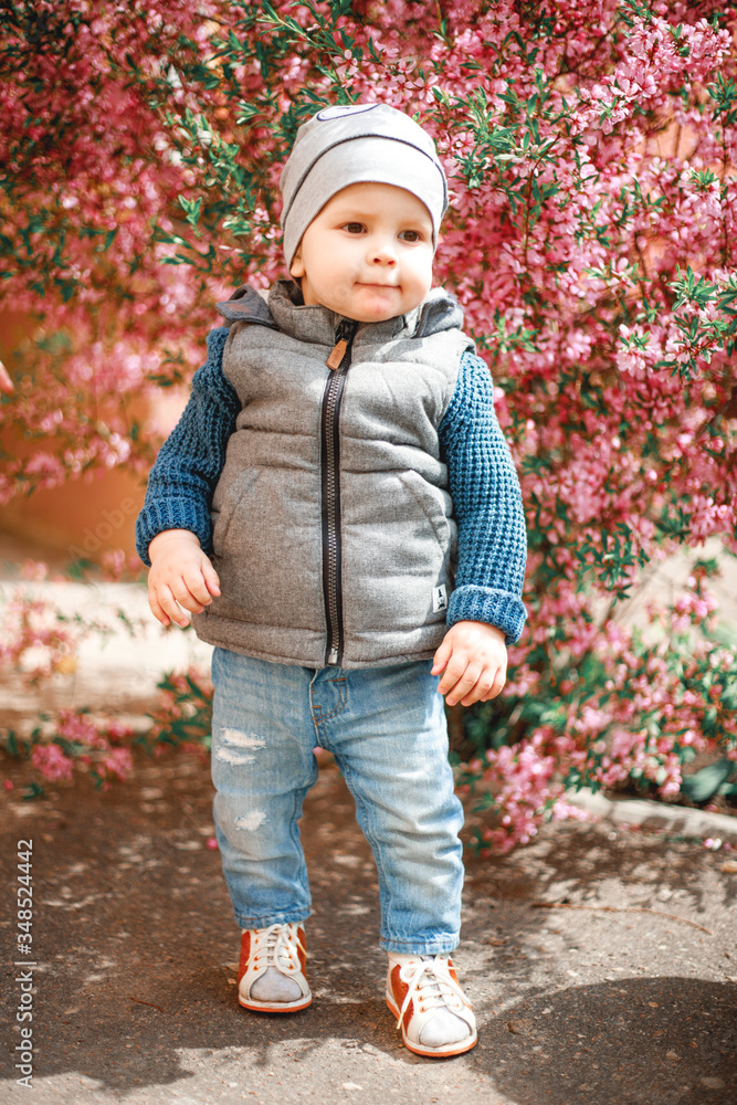 a child dressed in jeans standing near a flowering Bush with pink flowers a child dressed in jeans standing near a flowering Bush with pink flowers