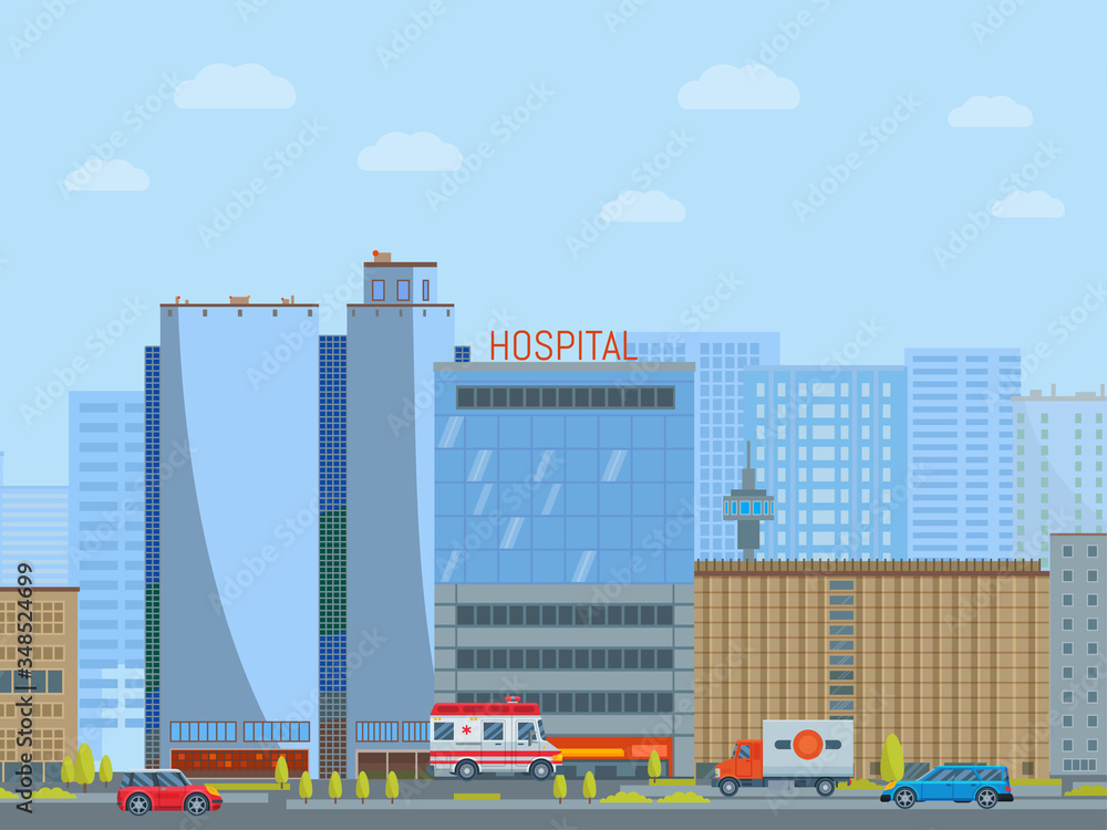 Urban city hospital concept megalopolis street flat vector illustration. Clinical medical institution ambulance car, town background. Therapeutic educational establishment building.