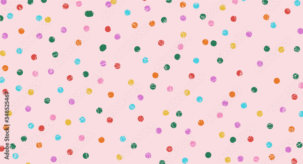 Colorful polka dots on pink background, cute background, vector.