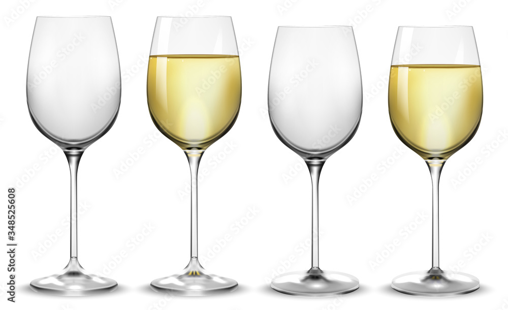 Full and empty white wine glasses. Vector