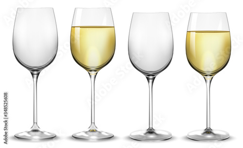 Full and empty white wine glasses. Vector