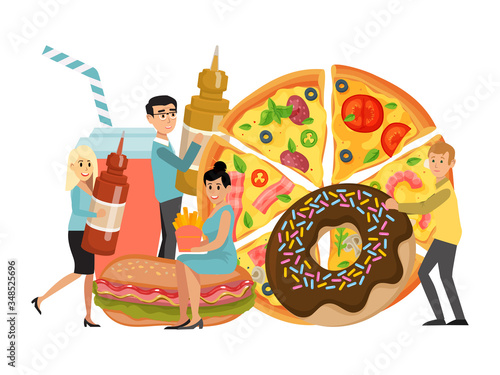 Junk food eating, concept tiny character bad dish, hamburger donuts soda and pizza isolated on white, flat vector illustration. Garbage morbid meal, dangerous unhealthy eatables, street fast food.