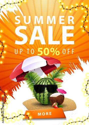 Summer sale, up to 50% off, white and orange vertical discount web banner with frame of bright garland, large offer, button and watermelon in sunglasses