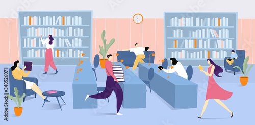 Library interior with books and people read literature, man holding pile of books vector flat illustration. Education, studying and reading in library concept, room full of bookshelves, librarian.