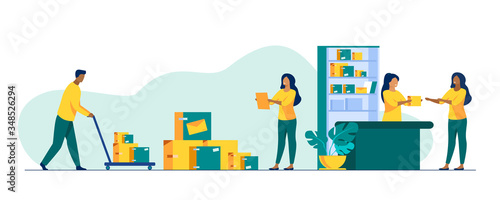 Postman giving parcel to customer in post office. Courier removing boxes from handcart. Vector illustration for shipping, delivery, logistic service concept
