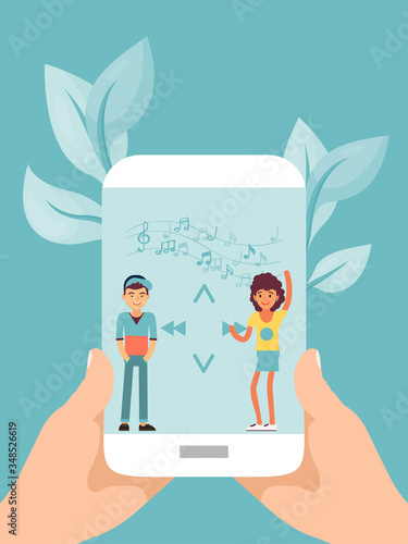 Online mobile music, hand hold mobile gadget, tiny character people dance flat vector illustration. Modern internet musical accompaniment, woman and man listen pop, rock composition.