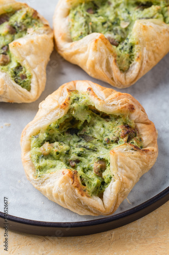 
 Homemade spinach  puffs with feta  onion and chicken
