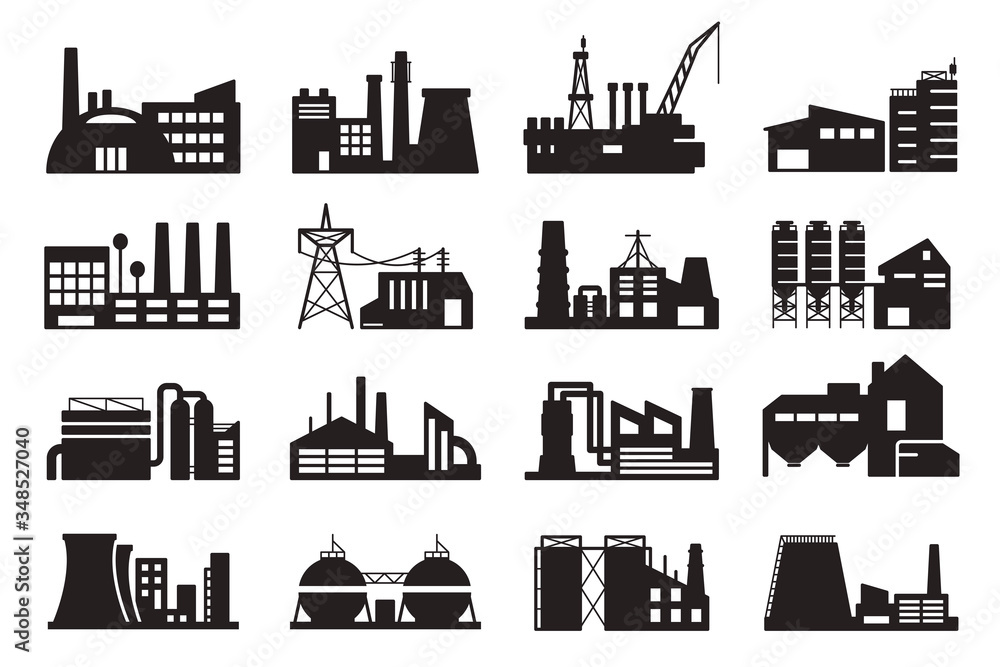 Big set of factory, plant constructions black icons isolated on white. Industrial buildings pictograms.