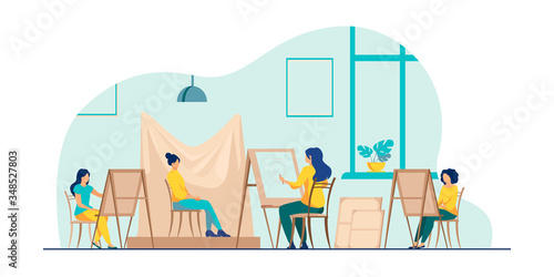 Model posing for art workshop. Artists with easels painting from life. Vector illustration for artistic school, drawing, class concept