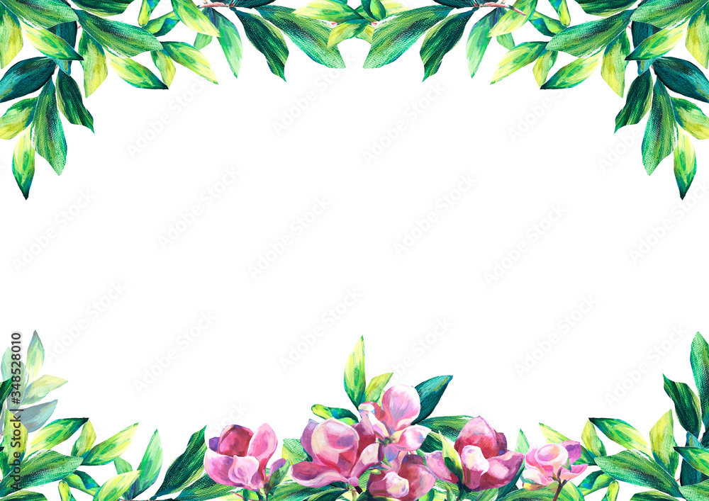 Fototapeta premium Floral frame with pink Flowers and leaves. Hand painted texture. Spring blossom of Magnolia. Foliage border for greeting, inviting, wedding, birthday card